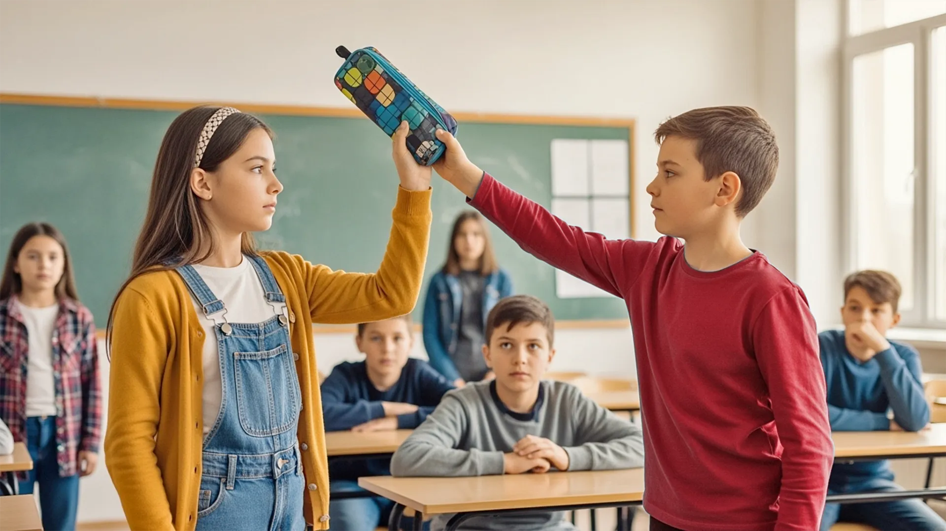 Selbstbehauptung - SuperPowerKids Erfurt - ein Mädchen bleibt ruhig und standhaft, während ein Klassenkamerade sie ärgern möchte