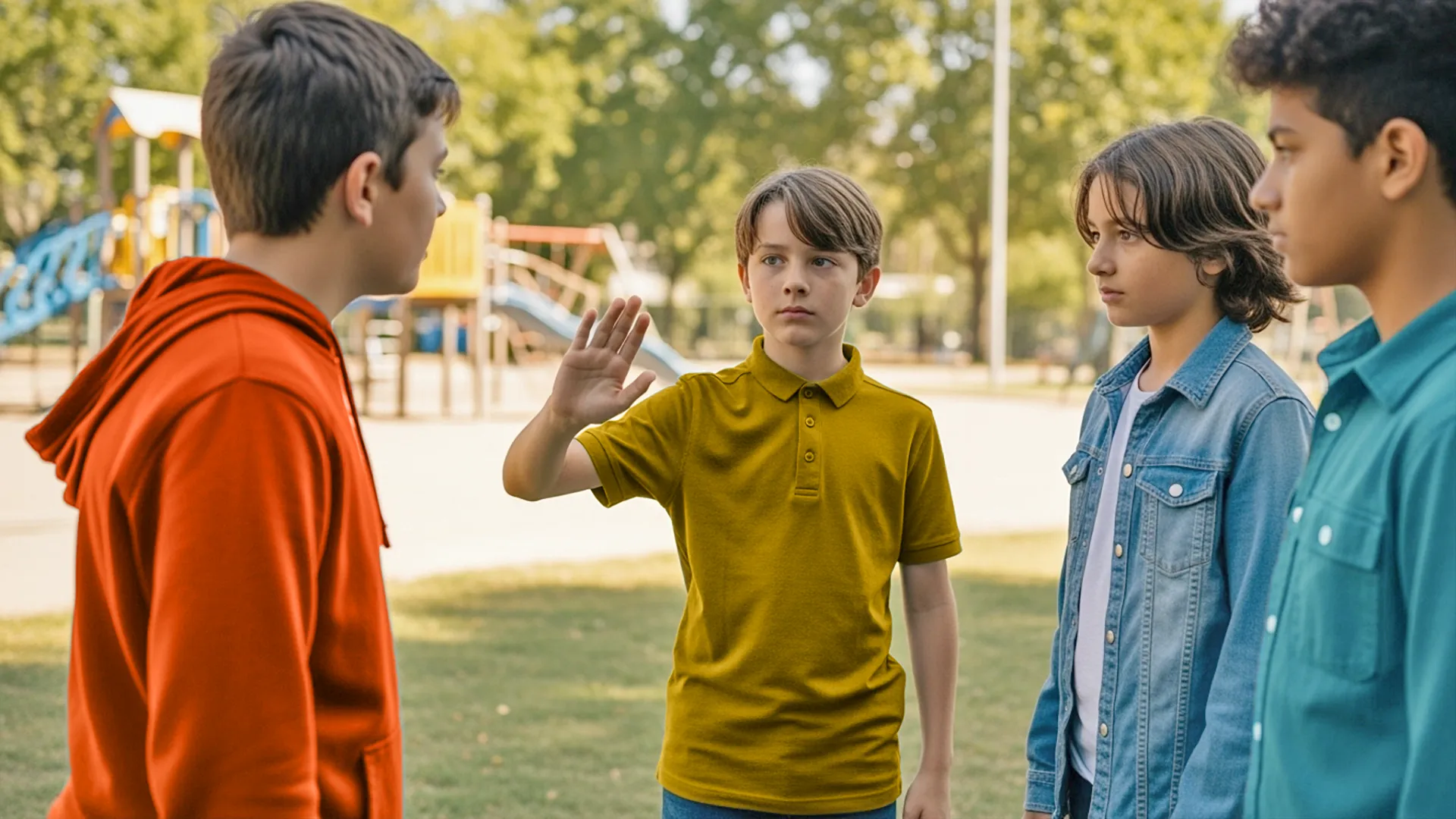 Gewaltprävention - SuperPowerKids Erfurt - ein Kind greift in eine potentielle Konfrontation ein, zwischen zwei Gruppen