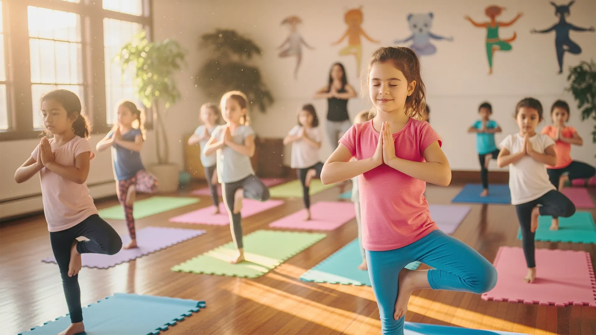 Kinderyoga - SuperPowerKids Erfurt - Kindergruppe führen Übungen im stehen aus