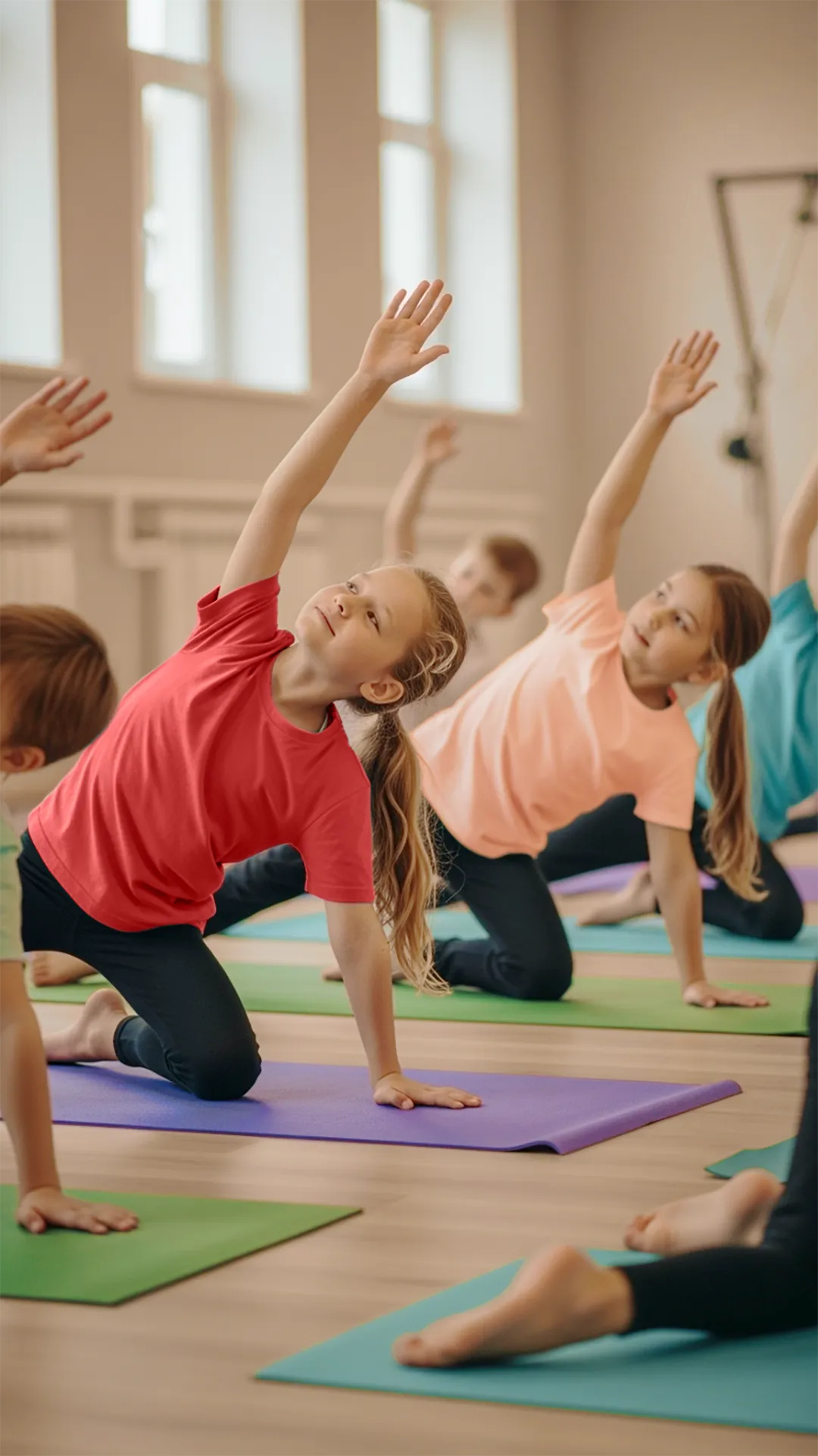Kinderyoga - SuperPowerKids Erfurt - Kindergruppe führen Übungen auf dem Boden aus